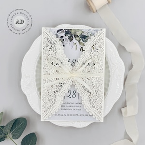 Romantische Ivory Laser Cut Brautbrunch Einladung, Brautparty & Greenery Hochzeit Rustikale Spitze laden ein {Kostenloses Design vor Bezahlung}