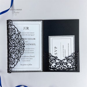 Klassische Laser Schwarz und Silber HochzeitSeinladungen, Florale Lasertasche +RSVP Karte +Umschlag +Bauchband {Free Infinite Design before Pay}