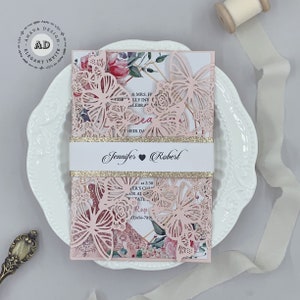 Romantische Blush Butterfly MIS XV AÑOS Verjaardagsfeest nodigt uit, mooie zoete 16 laser cut uitnodiging {gratis oneindig ontwerp voor betaling}