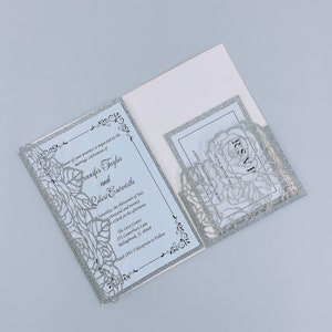 Glitter Silver Tri-fold Laser Cut Wedding Nodigt uit met RSVP Card, Aangepaste Insert met Glitter Backing{Free Infinite Design Before Pay}