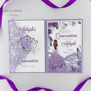 Laser Quinceañera Rose Invite Violet Sweet 16 Invite XV Invitation With Customized Insert And Envelope {Free Infinite Design Before Pay}
