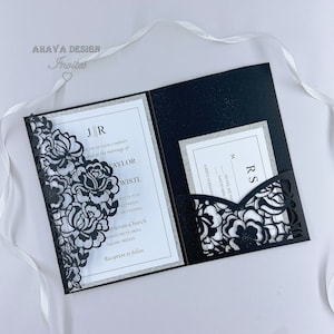 Klassische Laser-Hochzeitseinladungen, Einladungen zur Hochzeit mit Rose, florale Lasertasche mit Antwortkarte und Umschlag