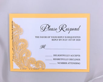 Gorgeous Wedding RSVP Cards With Lace Laser pocket And Envelope, Printable or Printed Reply Cards, Elegant Respond Cards