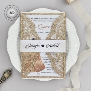 Glitter Rose Gold Laser Cut Lace Uitnodigingskaarten voor Mis Quince Anos Bridal Shower Sweet 15 Verjaardag {Gratis Oneindig Ontwerp Voor Betalen}