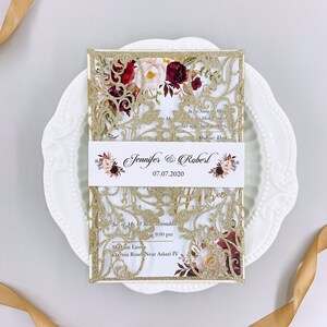 Invitation de mariage romantique Glitter Champagne Gold Laser Cut, Invitation personnalisée Magnifique Glitter Light Gold {Free Infinite Design Before Pay}