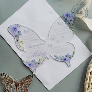 Invitation de bonbon 15 papillon acrylique floral lavande, carte acrylique violette personnalisée pour Quinceañera {Conception infinie gratuite avant paiement}