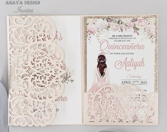 Luxury Shining Blush Anos Girl Invitations Cards Laser Cut Floral Pocket for Quinceanera/ Sweet 15 XV {Free Infinite Design Before Pay}