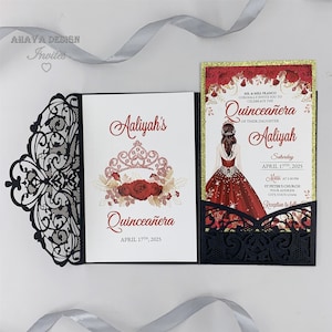 Black & Red Glitter Quinceanera Invites Sweet 16 Invite XV Invitation Printable Lace Invite With Red Dress {Free Infinite Design Before Pay}