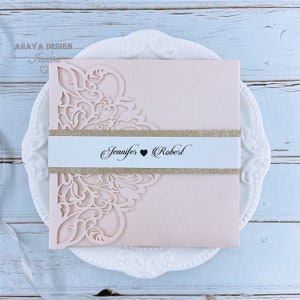 Blush Square Flowers Tri-fold Customized Laser Cutting Wedding Invitation Cards with Belly Band&Envelope {Free Infinite Design Before Pay}