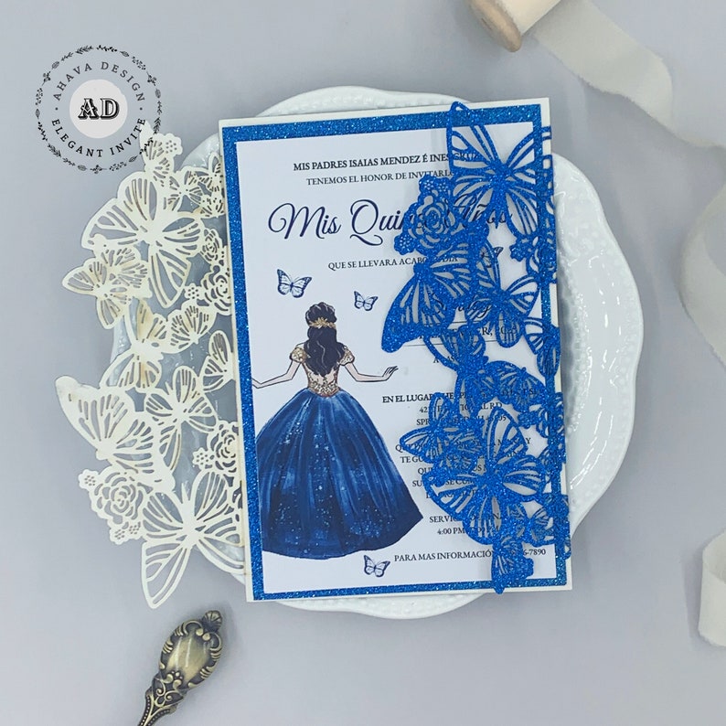 Glitter Royal Blue Laser Cut Butterfly Invitation Etsy