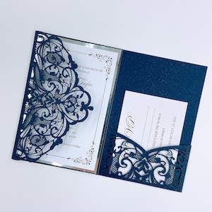 Spezielle Marine &Silber Laser geschnitten Hochzeit lädt mit RSVP-Karte und Umschlag, maßgeschneiderte Blumen-Einladung "Free Infinite Design vor dem Bezahlen"