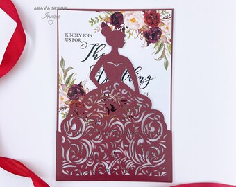 Elegant Burgundy Wedding Invites with Matched Envelopes, Shimmer Dress Girl Laser Cut Invites Set {Free Infinite Design Before Pay}
