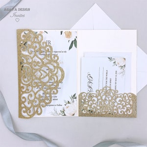 Maßgeschneiderte Laser Glitter Champagner Gold Hochzeitseinladung, Tri-fold Laser einladen mit RSVP für Hochzeit "Free Infinite Design before Pay"