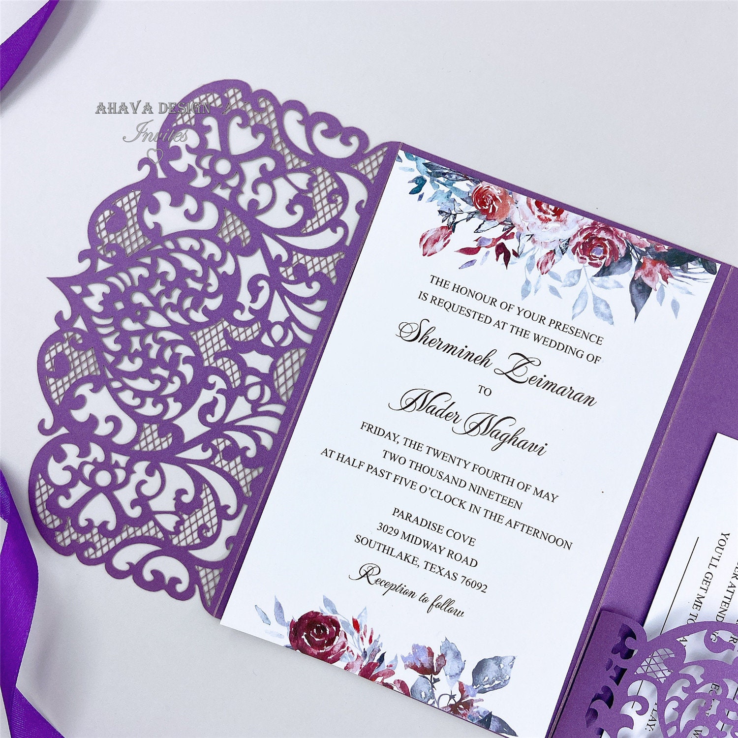 Gorgeous Purple Laser Wedding Invites, Floral Tri-fold Laser