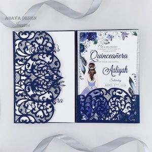Marine & Silber elegante Blumen XV AOS Laser geschnitten Einladung, Quinceanera laden süße 16 Geburtstag lädt "Free Infinite Design vor dem Bezahlen"