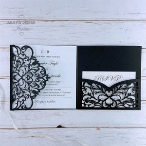 Schimmer Schwarz Blumen Dreifalten Laser cut Pocket Hochzeit Einladungskarte inklusive RSVP Karte und Umschlag {Free Infinite Design before Pay}