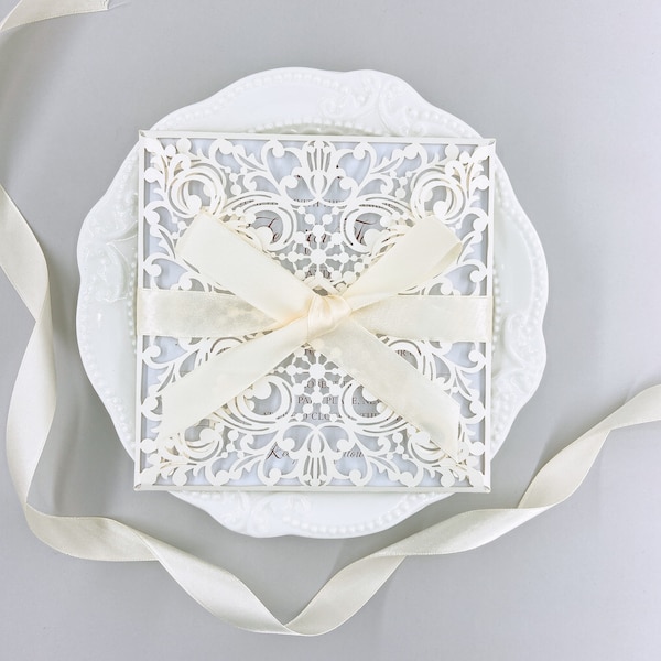 Laser Cut Ivory Pocket Wedding Invitations, Die Cut Laser Cut Jackets With Ivory Ribbon {Free Infinite Design Before Pay}