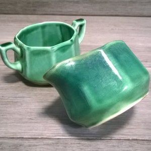 Vintage Green Ceramic Cream and Sugar Set - Octagon Shape with Unusual Handles - Made in the USA