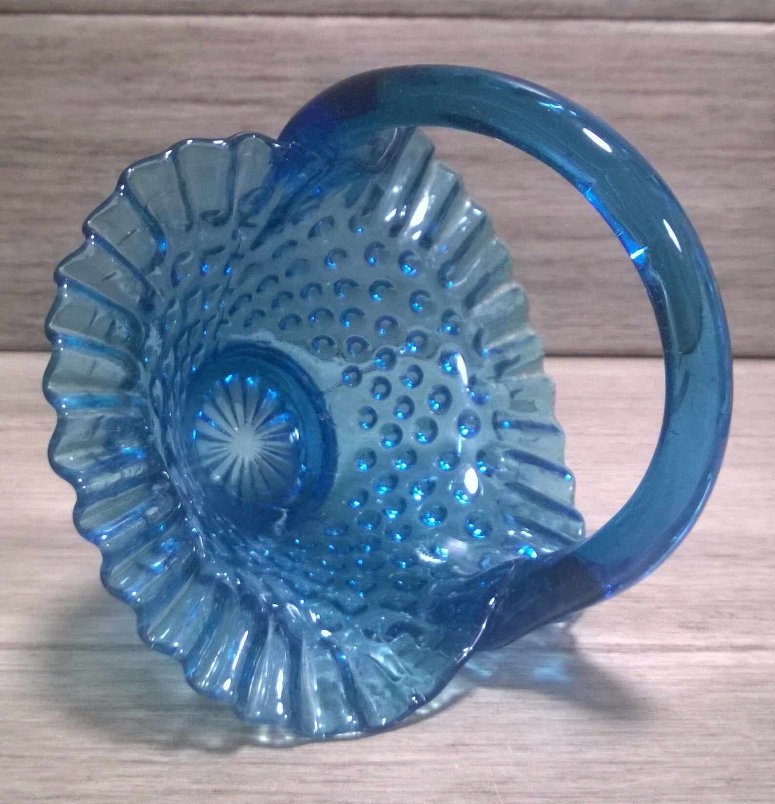 Vintage Blue Glass Hobnail Basket With Handle and Ruffled Edge Etsy