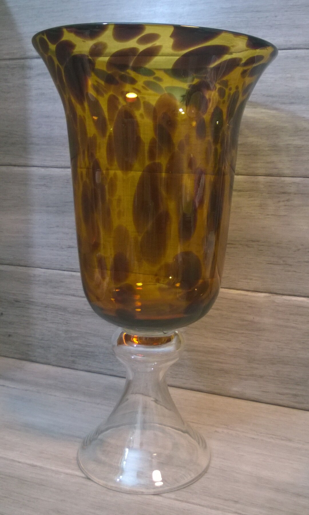 Handblown Tortoise Shell Art Glass Vase on a Clear Glass Pedestal