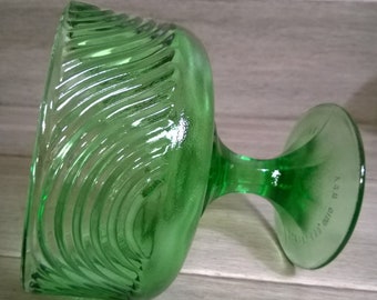 E.O. Brody Co. Green Glass Compote or Pedestal Bowl - 1960's - Marked #138 - Geometric Pattern, Abstract, Contemporary, Wave Pattern