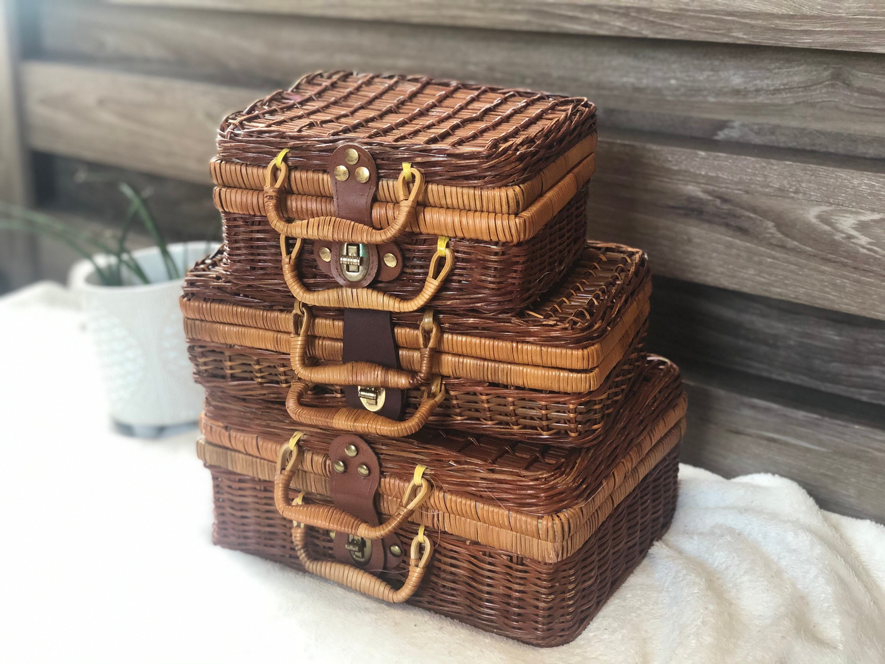 Vintage wicker suitcase set of 3 Etsy