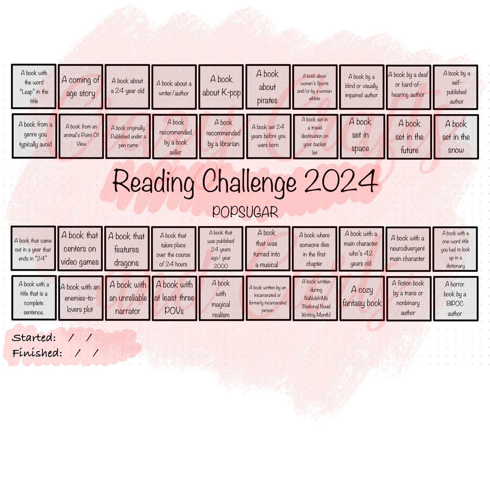 2024 Popsugar Reading Challenge PDF for Digital Reading Journals / Book