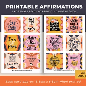 12 cartes d'affirmations de chats imprimables, TÉLÉCHARGEMENT IMMÉDIAT, citations de femme chat, cartes carrées 8,5 cm sur 8,5 cm, harmonie