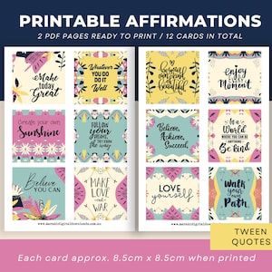 12 tarjetas imprimibles de afirmaciones para preadolescentes, descarga instantánea, cita inspiradora, tarjetas cuadradas de 8,5 x 8,5 cm, diseño: Urban Candy