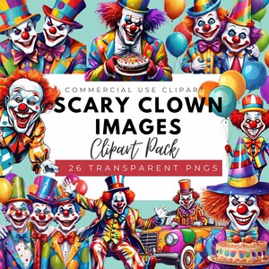 Paquete de imágenes prediseñadas de payasos aterradores, imágenes prediseñadas de payaso, imágenes prediseñadas para uso comercial, 26 PNG transparentes, imágenes prediseñadas de cumpleaños