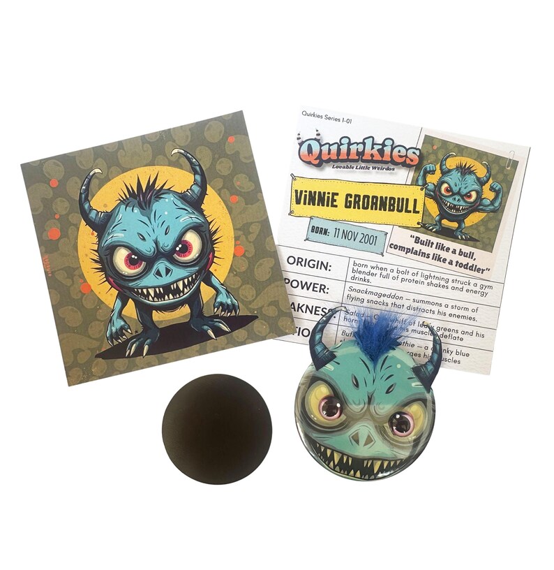 Vinnie Groanbull Monster Magnet or Badge | Quirky Creepy Character Art ...