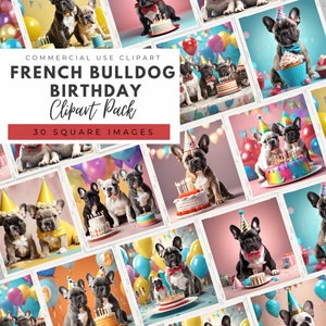 SOFORTIGER Download, Französische Bulldogge Geburtstag 30 quadratische Clipart Bundle Png Jpeg, Sublimationsentwürfe, Französische Bulldoggen Clipart, Partybilder
