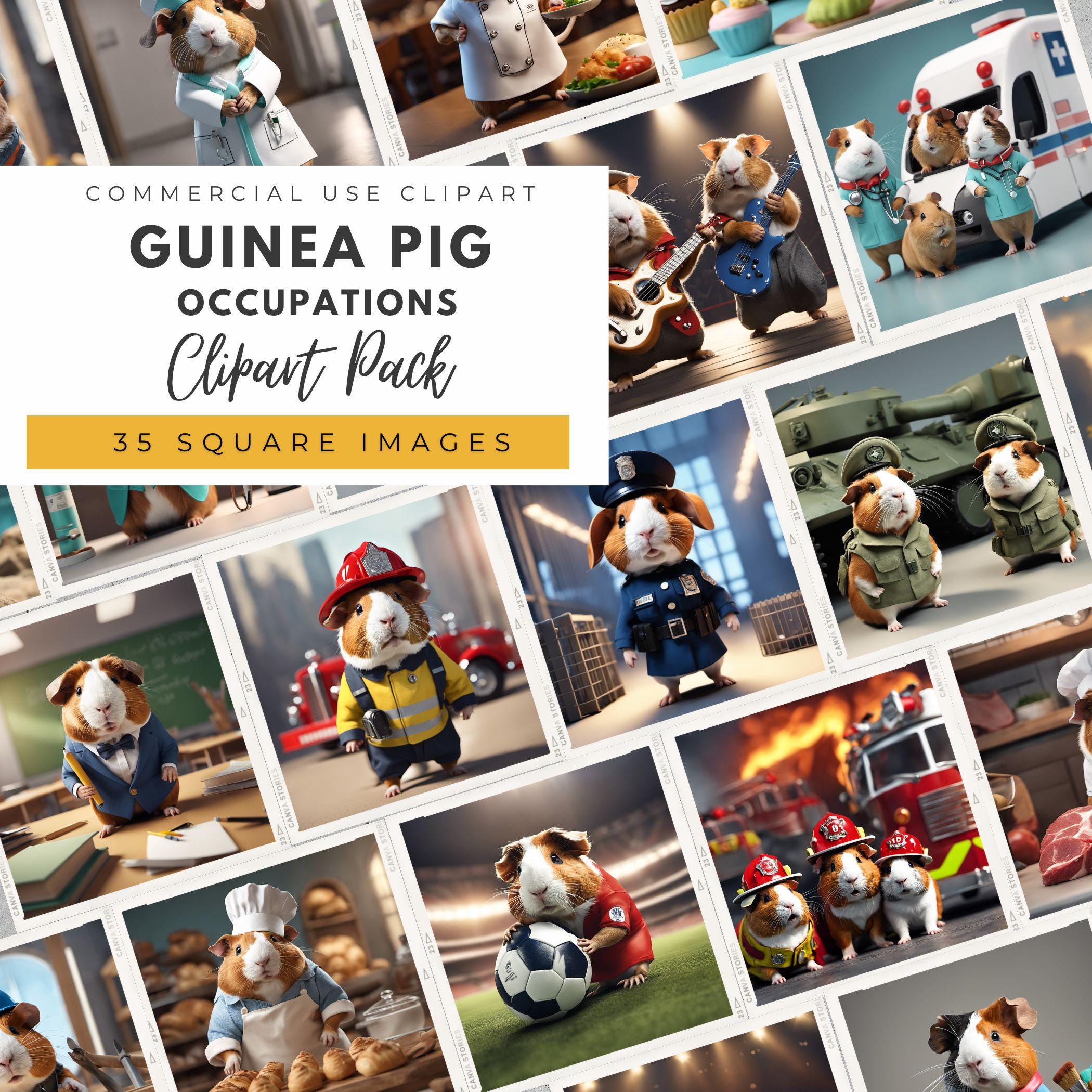 INSTANT Download, Guinea Pig Occupations 35 Square Clipart Bundle Png Jpeg, Sublimation Designs, When I grow up, Professions clipart