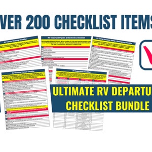 May include: A checklist bundle for RV owners with over 200 checklist items. The checklist bundle includes checklists for RV interior cleaning, important papers and electronics, camp occupant safety and emergency, winterizing, and departure. The checklist bundle is highlighted with a red checkmark.