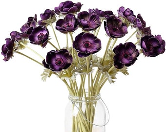 Purple Artifical Anemone Real Touch Flower Bouquet Room Home Decor Real Touch Anemones PU Wedding Flowers Stem DIY Bridal Bouquets