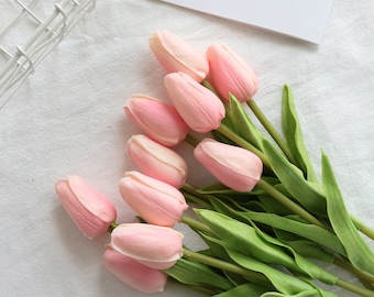 Light Pink Artificial Tulips, Real Touch PU Bouquet - 20 Stems