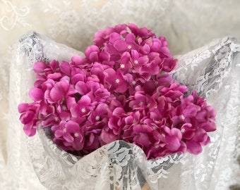 Hydrangea Silk Flowers Heads Full Hydrangea Flowers Artificial with Stems for Wedding Home Party Shop Baby Shower Decor -Hot Pink