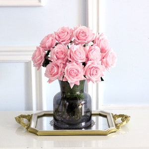 Silk Flower Roses 20pcs Light Pink Real Touch Artificial Roses Long Stem Bridal Wedding Bouquet for Home Garden Office Wedding Decorations