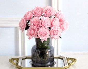 Silk Flower Roses 20pcs Light Pink Real Touch Artificial Roses Long Stem Bridal Wedding Bouquet for Home Garden Office Wedding Decorations