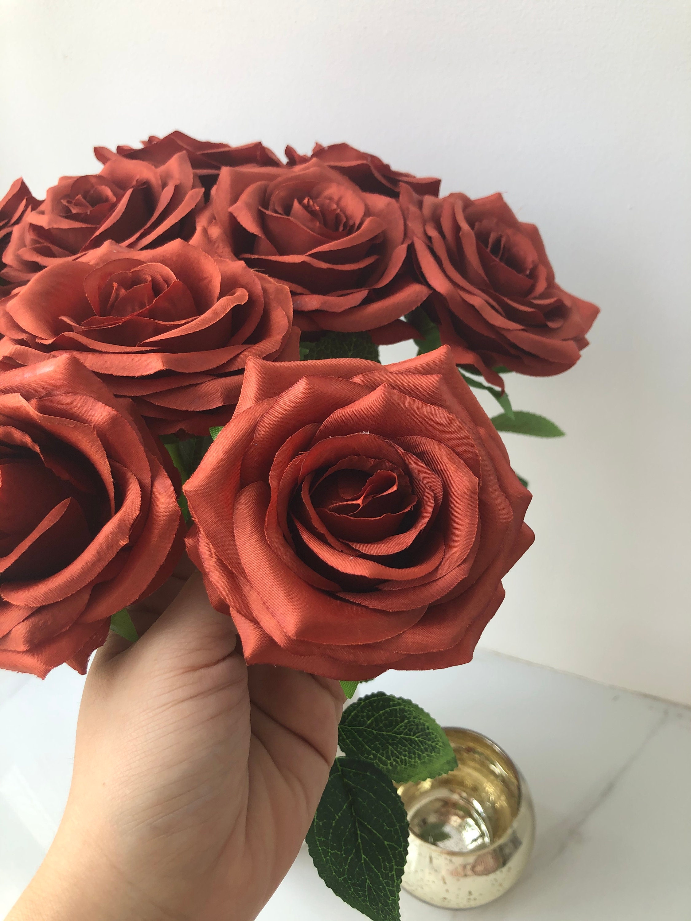 Rust Orange Silk Flower Roses 10pcs Artificial Roses Long Stem Etsy