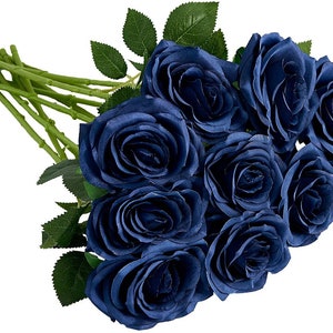 10 Stk. Künstlicher Marine blauer Rosenkopf mit langen Stielen, Marineblaue Rose mit Blättern, Marineblaue Seidenblumen für HochzeitSparty Home Decorations