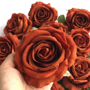 10pcs Rust Orange Realistic Fake Roses for DIY Wedding Bouquets Centerpieces Arrangements Party Baby Shower Rose Head Only