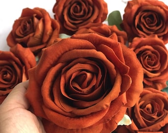 10pcs Rust Orange Realistic Fake Roses for DIY Wedding Bouquets Centerpieces Arrangements Party Baby Shower Rose Head Only