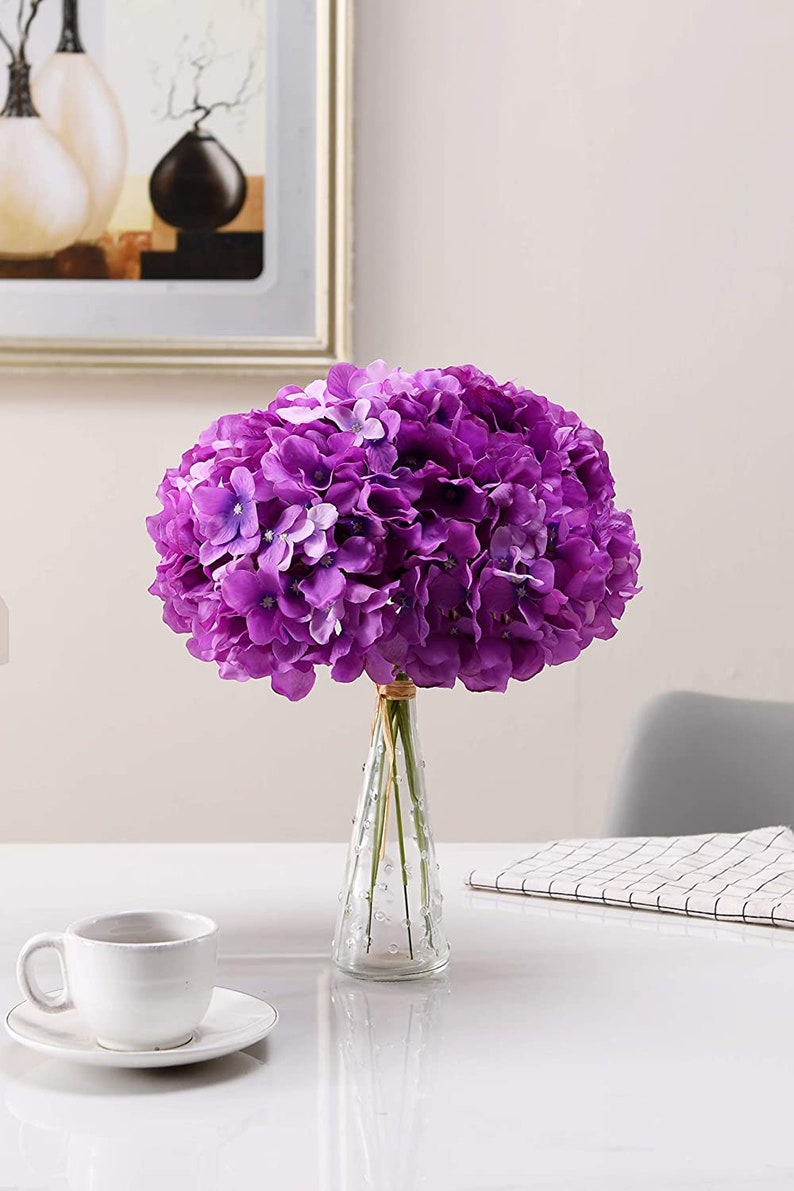 Hydrangea Silk Flowers Purple Heads with Stems Pack of 10 Full Hydrangea Flowers Artificial for Wedding Home Party Shop Baby Shower Decor