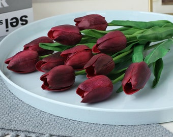 Burgundy Real Touch Flowers 20pcs Tulips Bouquet Artificial Bridal Bouquet Pink Tulip Flowers for Wedding Bouquets Arrangement Centerpieces