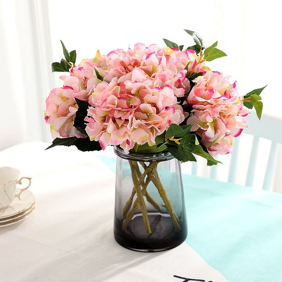 Künstliche Blumen Seide Hortensie Blumen mit 1 großen Köpfen Fake Blumenstrauß für Zuhause Schlafzimmer Hochzeit Hütte Dekor DIY 3Stk