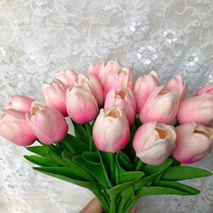 PU Real Touch Tulips Artificial Flowers 20 Pcs Flowers Arrangement Bouquet for Home Office Wedding Decoration TMTH-01W11 (Light Pink )