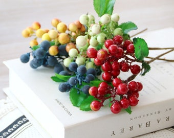 Artificial Blue Berry Stems Pack of 5 Fake Blueberries Green Leaves Berry Spray Pick 9.8 inch Floral Crafts for Home Wedding Party Decor