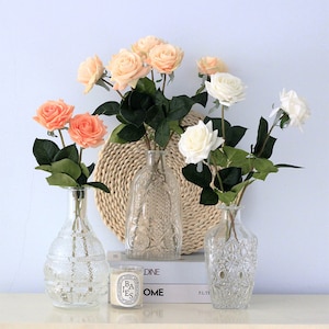 Artificial Flowers, Real Touch Roses Faux Floral Arrangement, Silk Rose Bouquet with Stems for Bridal, Wedding, Home Decor Champagne