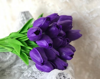 Artificial Tulips Fake Holland Mini Tulip Real Touch Flowers 20 Pcs for Wedding Decor DIY Home Party Purple TMTH-01W9